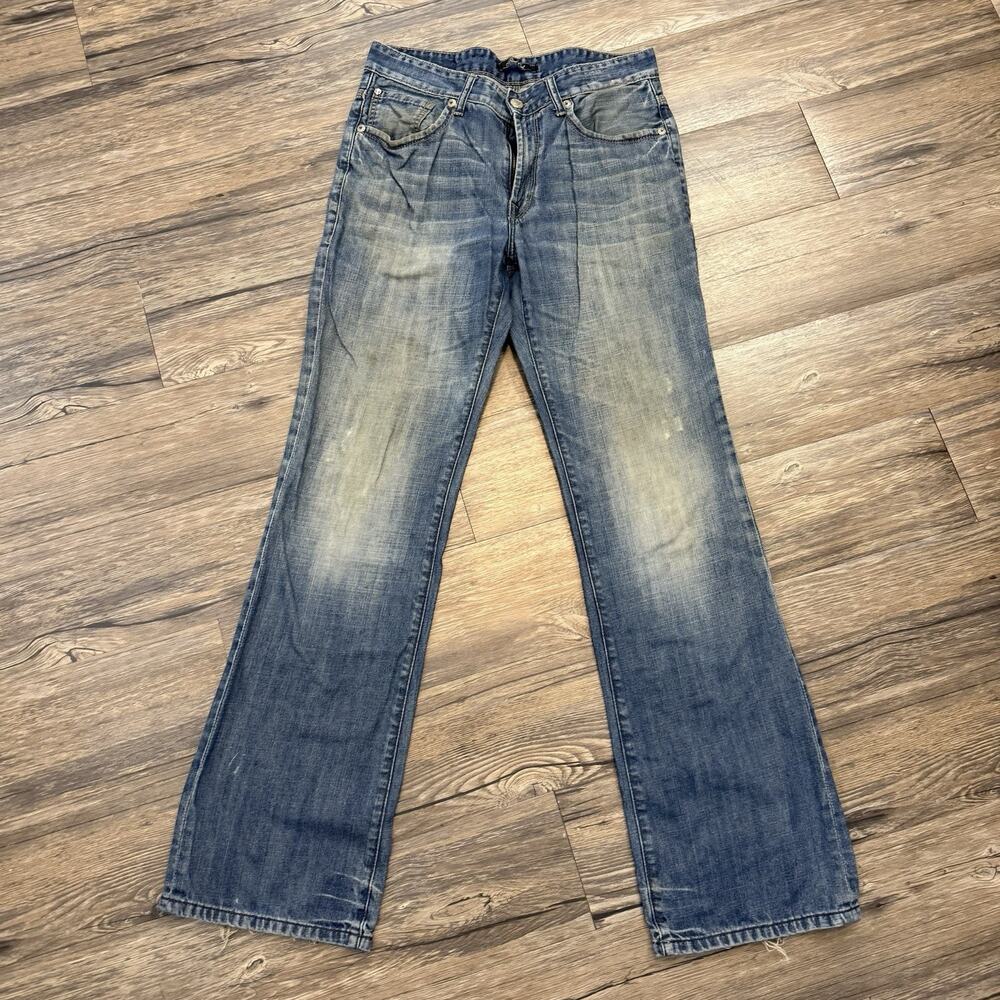 Vintage Marc Ecko Men's 33x32 Boot Cut Jeans Blue Denim Cross Pocket Grunge Y2K